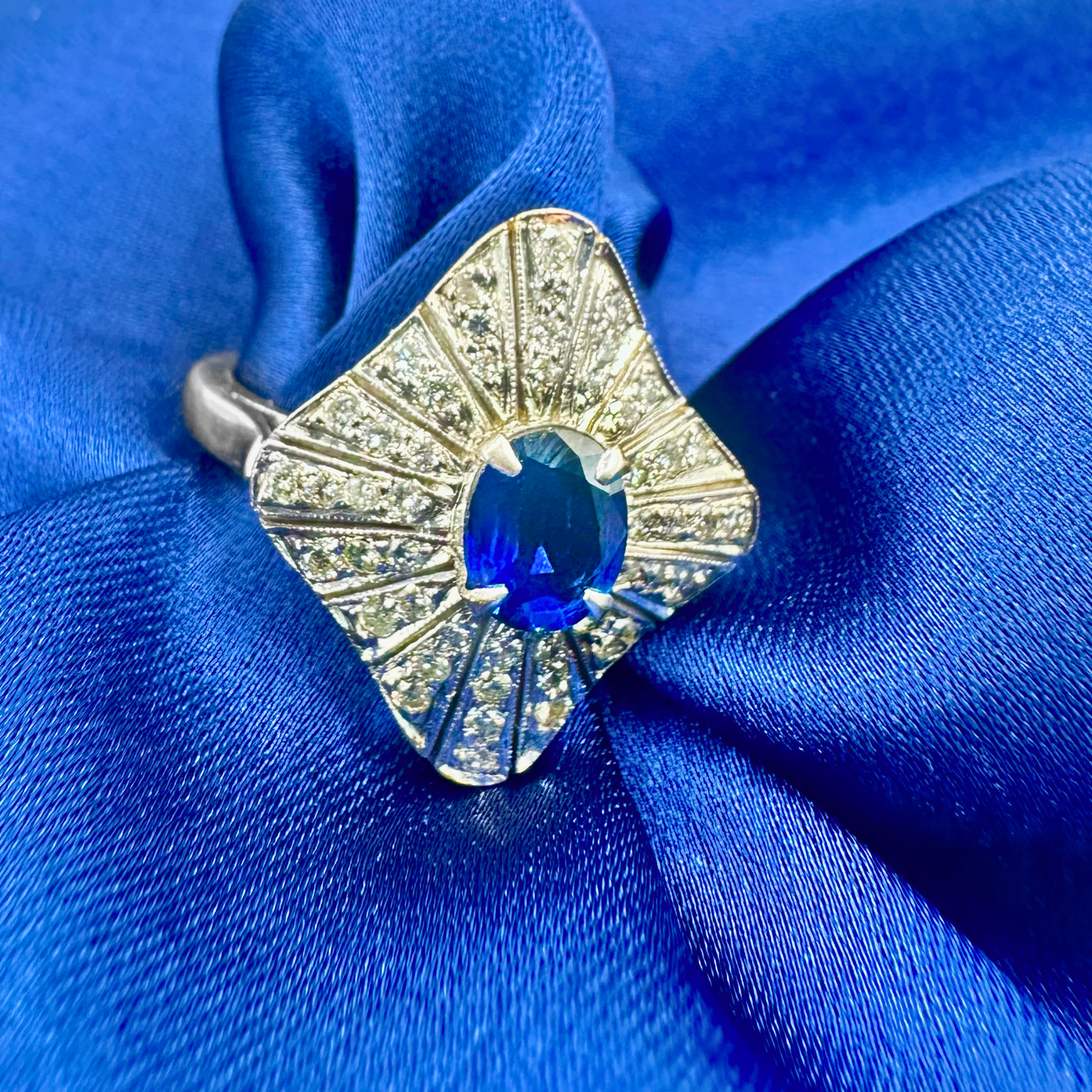 Modern Empress Blue Sapphire and Diamond Ring in White Gold