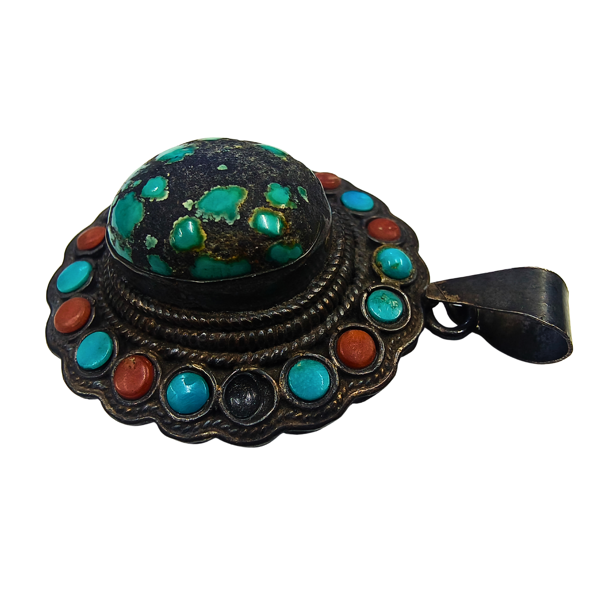 Heritage Turquoise & Coral Oxidised Silver Pendant