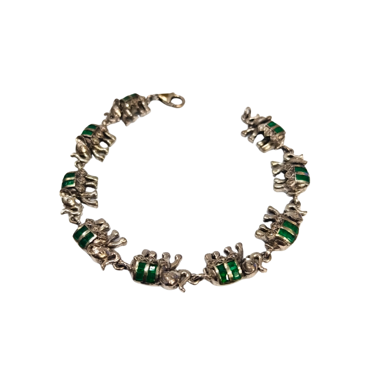 Lucky Elephant Silver Bracelet with Emerald Detail