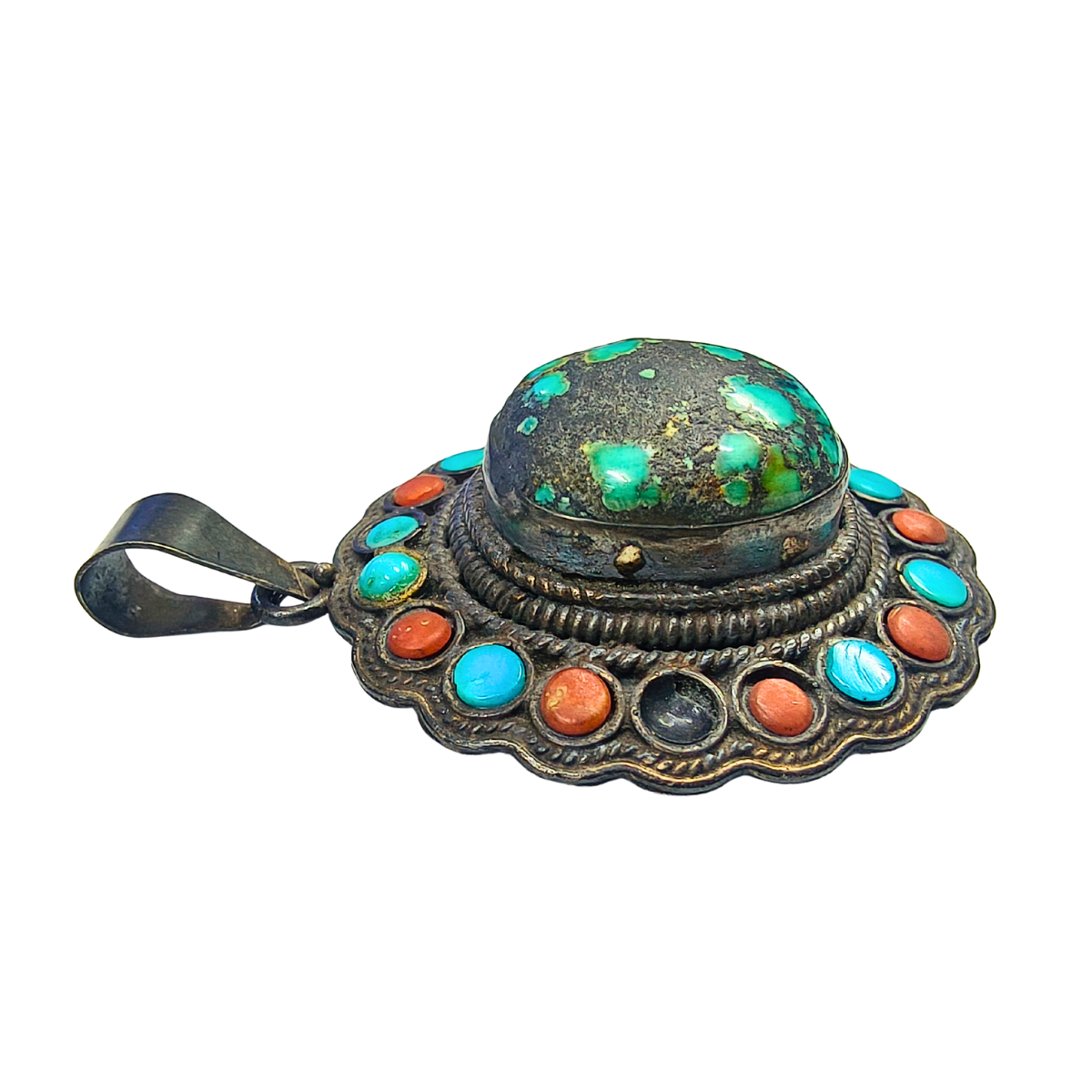 Heritage Turquoise & Coral Oxidised Silver Pendant