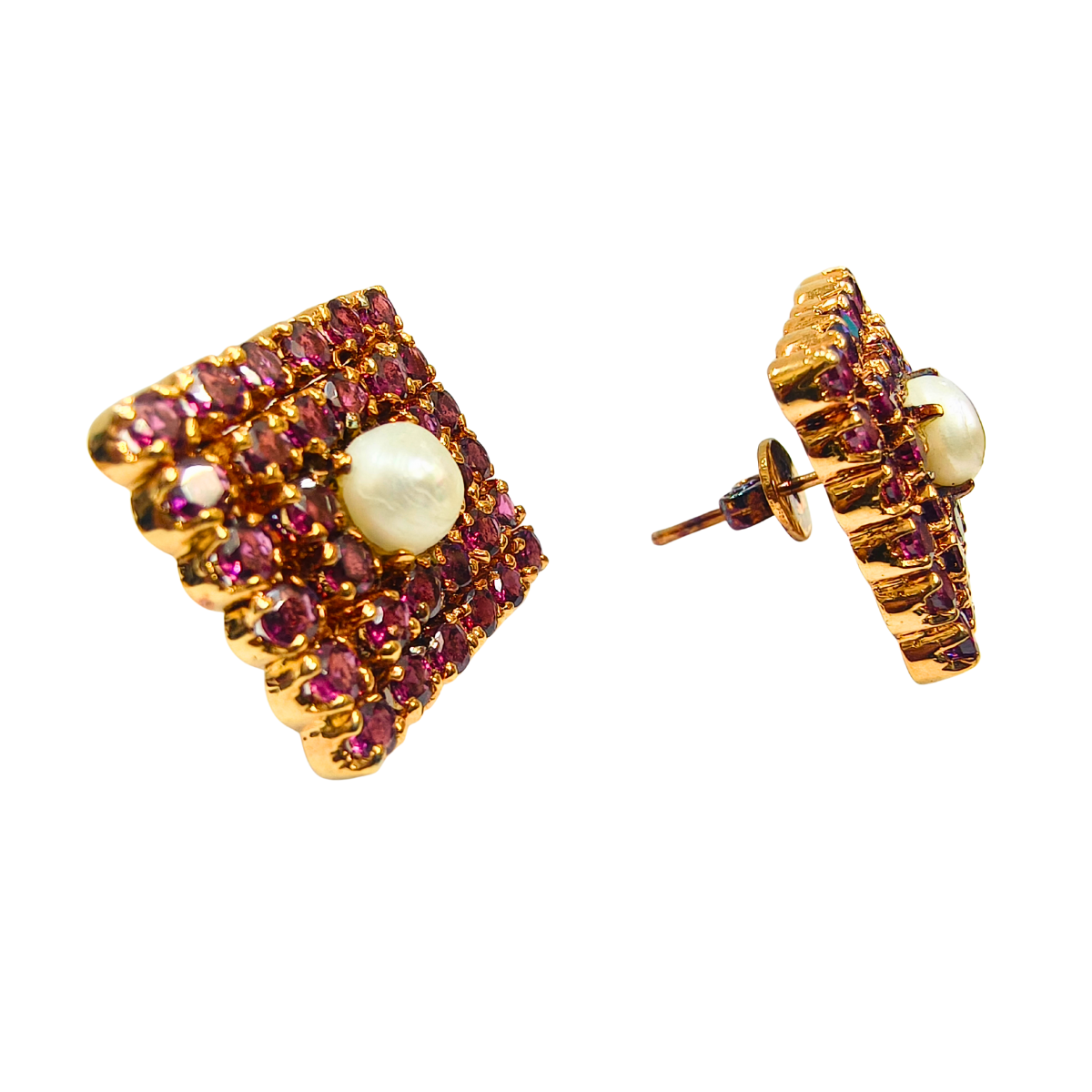 Classic Ruby and Pearl Eartops Set in Gold-Plated Silver