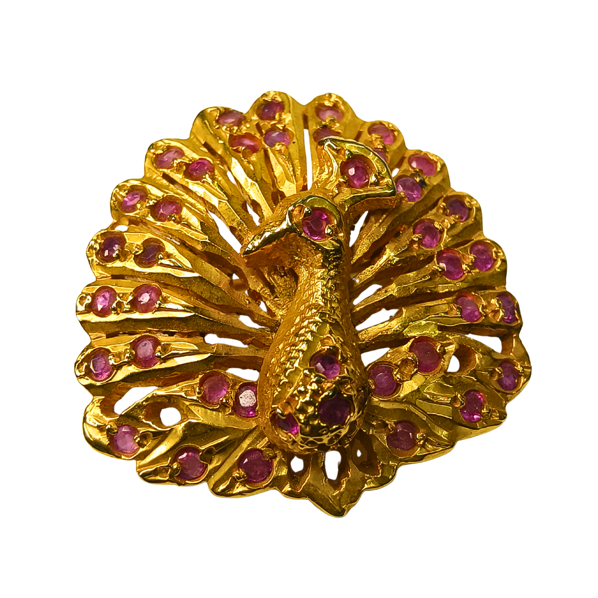 Regal Peacock Brooch/Pendant in Silver with Ruby Stones & Gold Finish