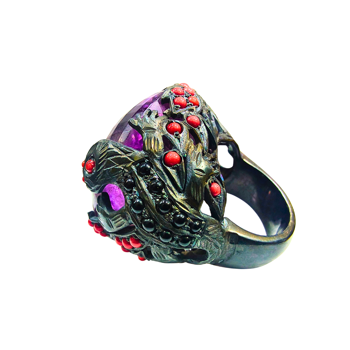 Luxe Amethyst & Coral Gemstone Statement Ring