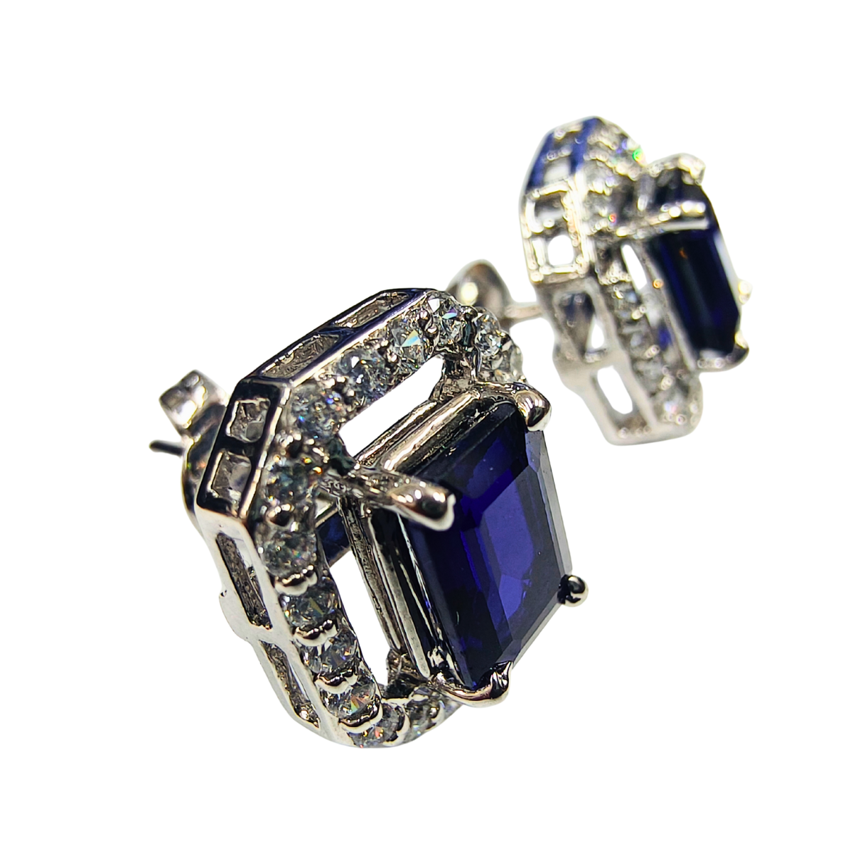 Rectangular Blue Sapphire Stud Earrings with Zirconia Halo