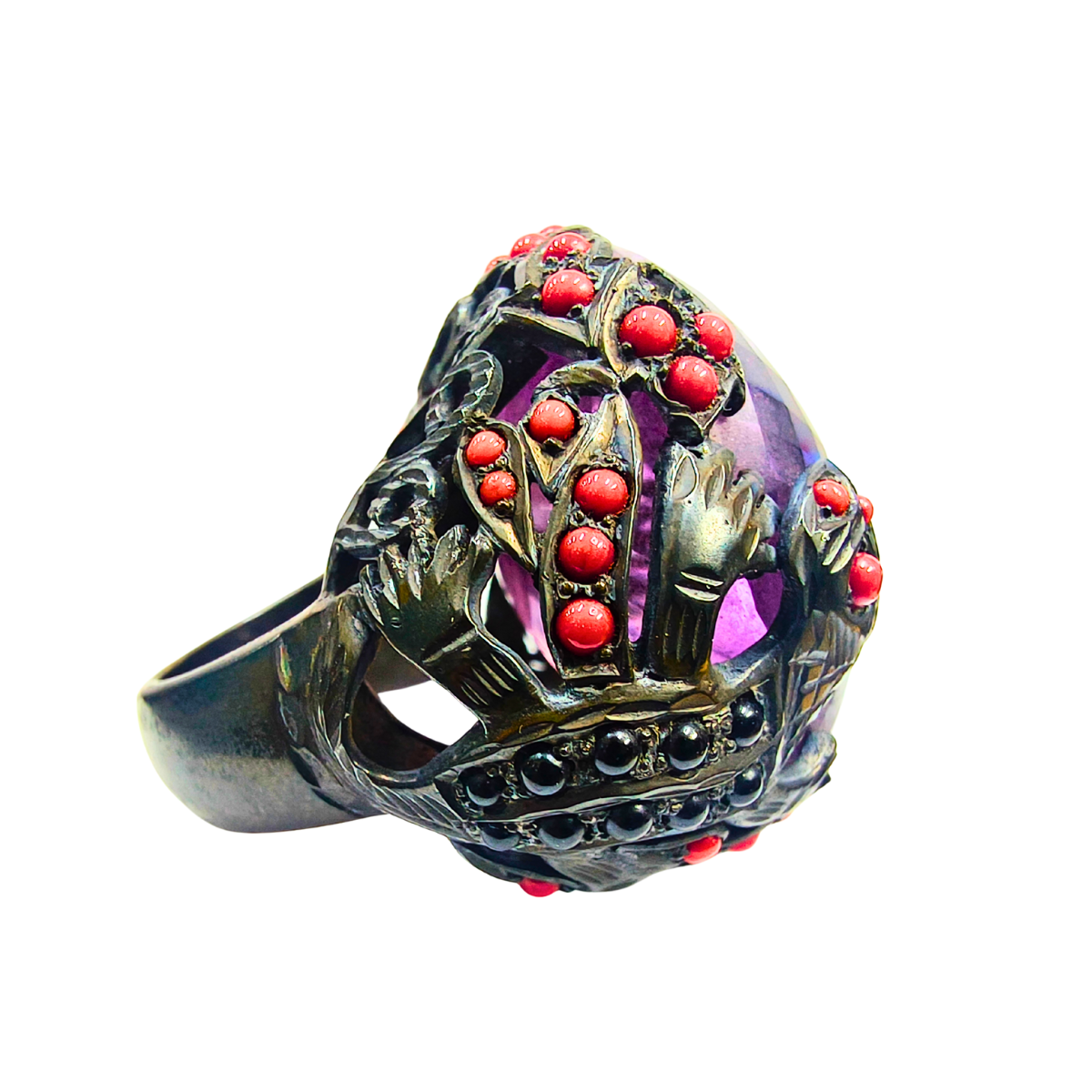 Luxe Amethyst & Coral Gemstone Statement Ring
