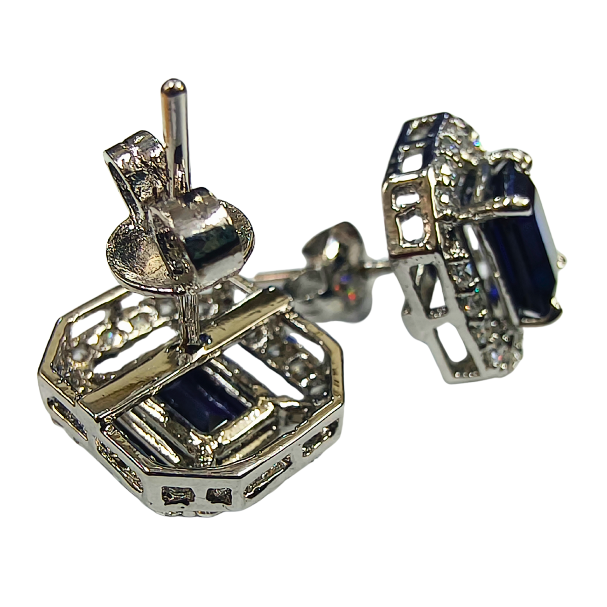Rectangular Blue Sapphire Stud Earrings with Zirconia Halo