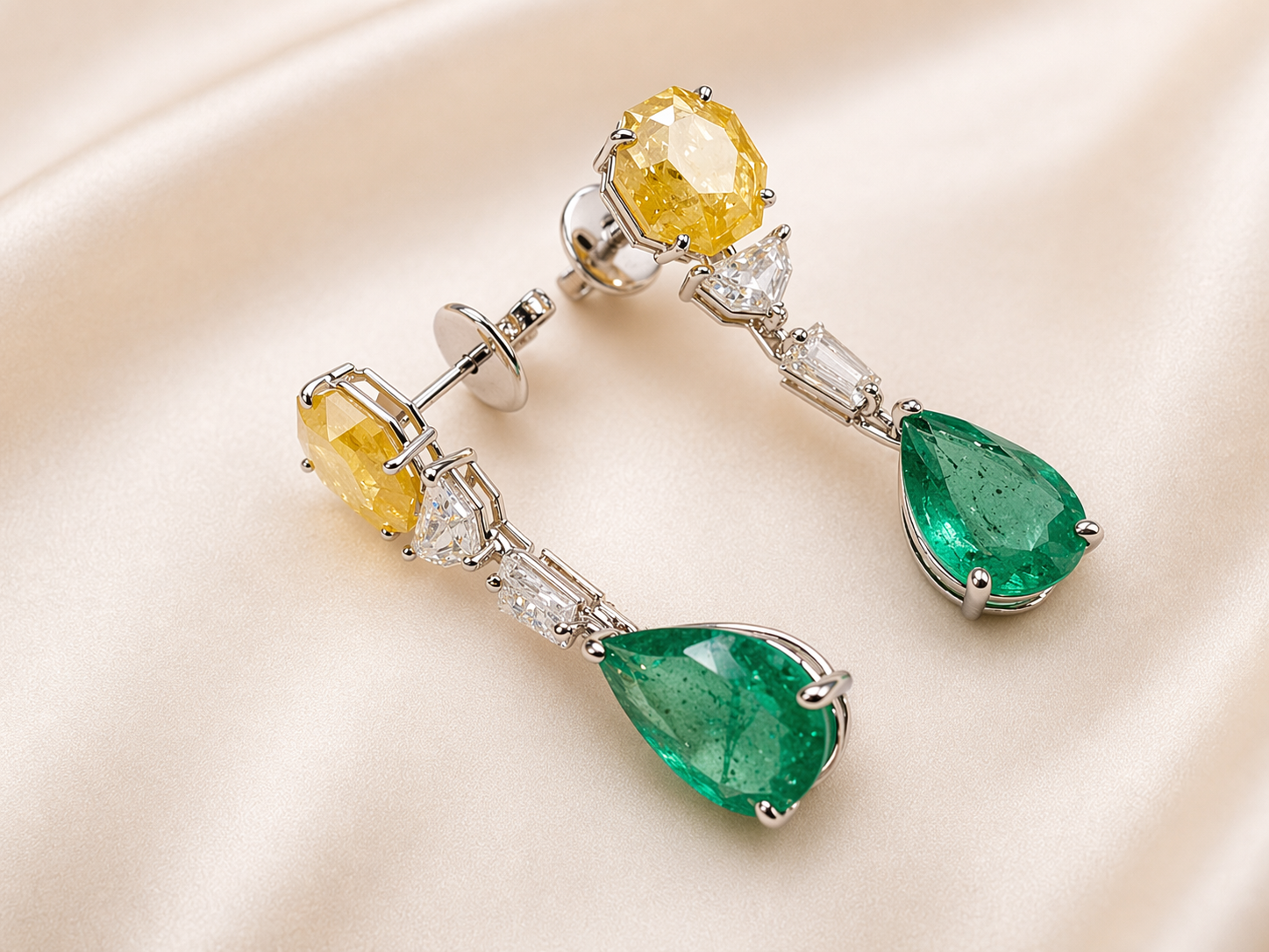Exquisite earrings feature vibrant emerald drops, crowned with yellow sapphire and accented with lab-grown diamonds — a perfect harmony of color and sparkle.