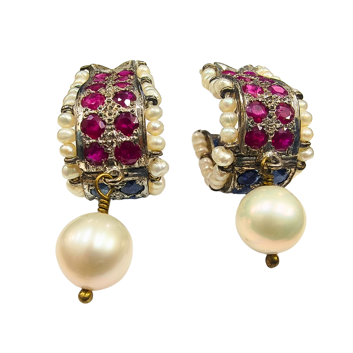 Ruby & Sapphire Earrings with Pearl Drop