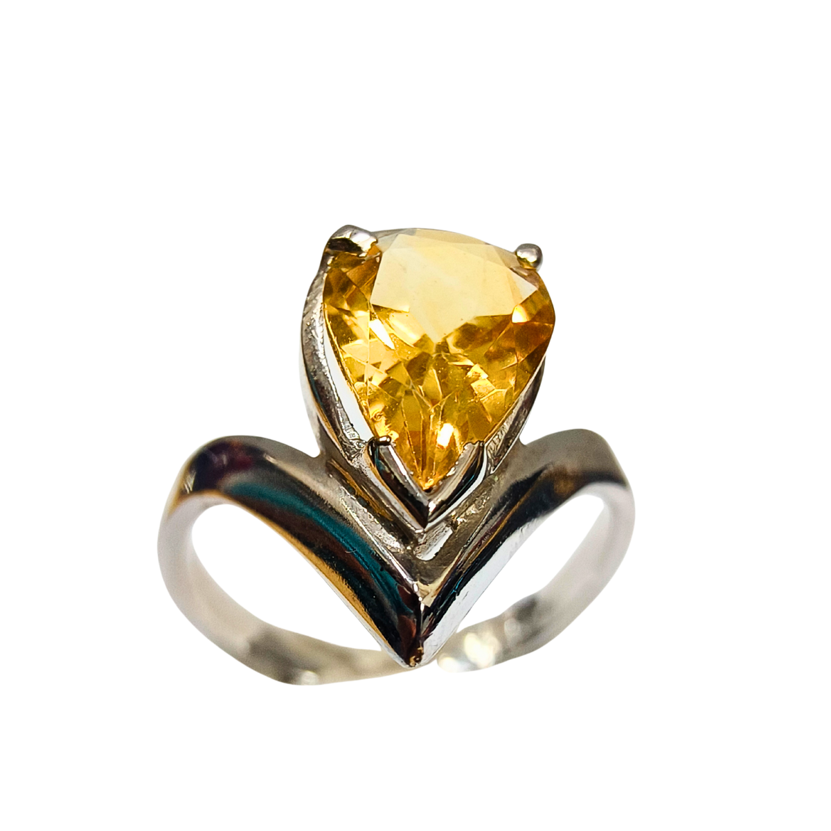 Contemporary Asymmetric Pear-Shaped Golden Topaz Silver Ring