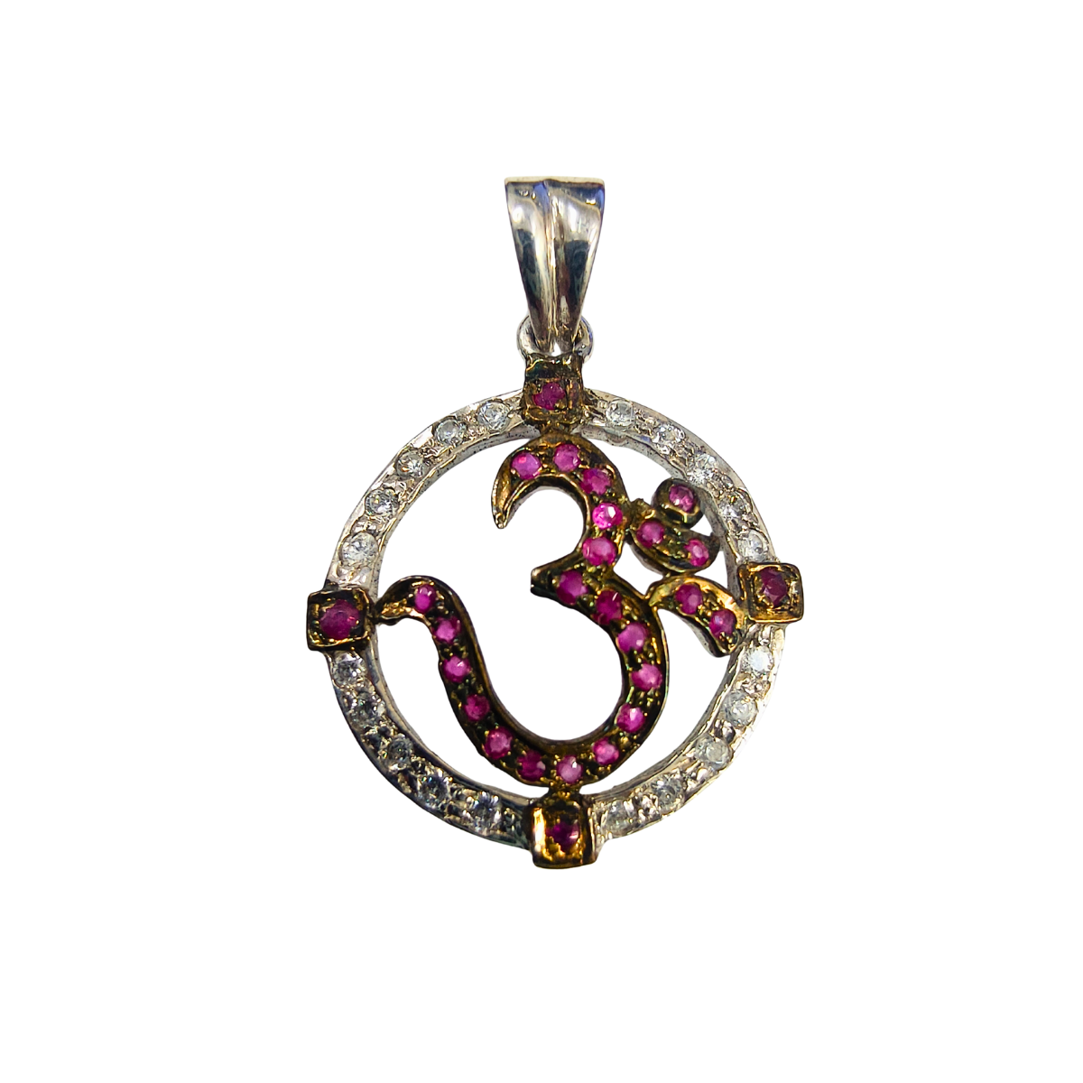 Ruby & Zirconia Studded Sacred Om Silver Pendant