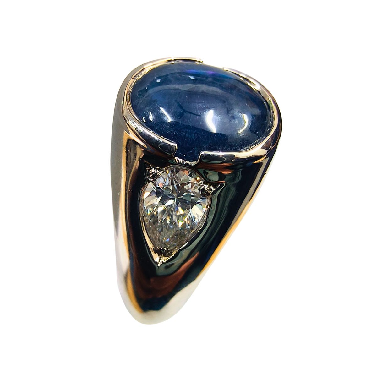 Royal Blue Sapphire Cabochon & Pear Lab Diamond Statement Ring