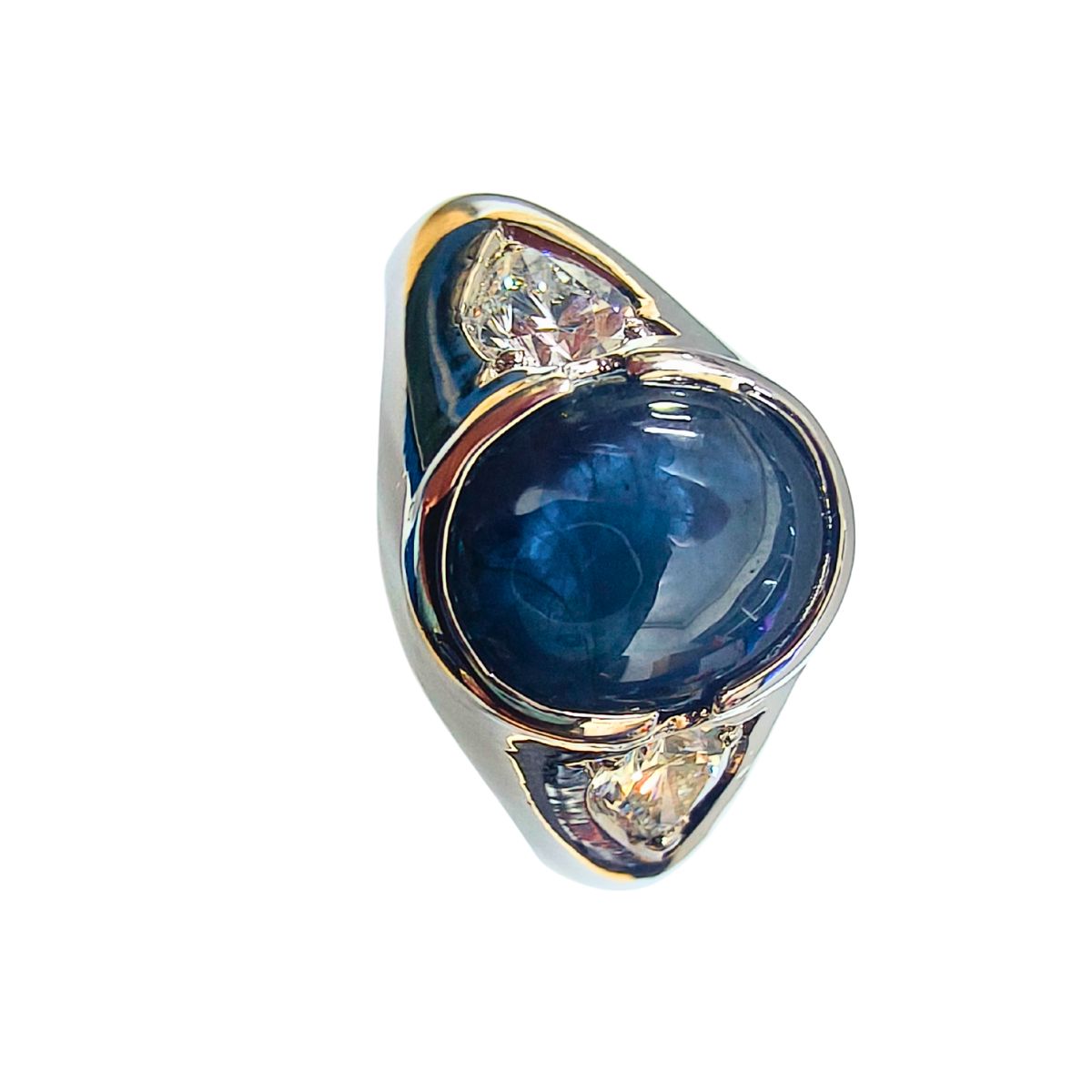 Royal Blue Sapphire Cabochon & Pear Lab Diamond Statement Ring