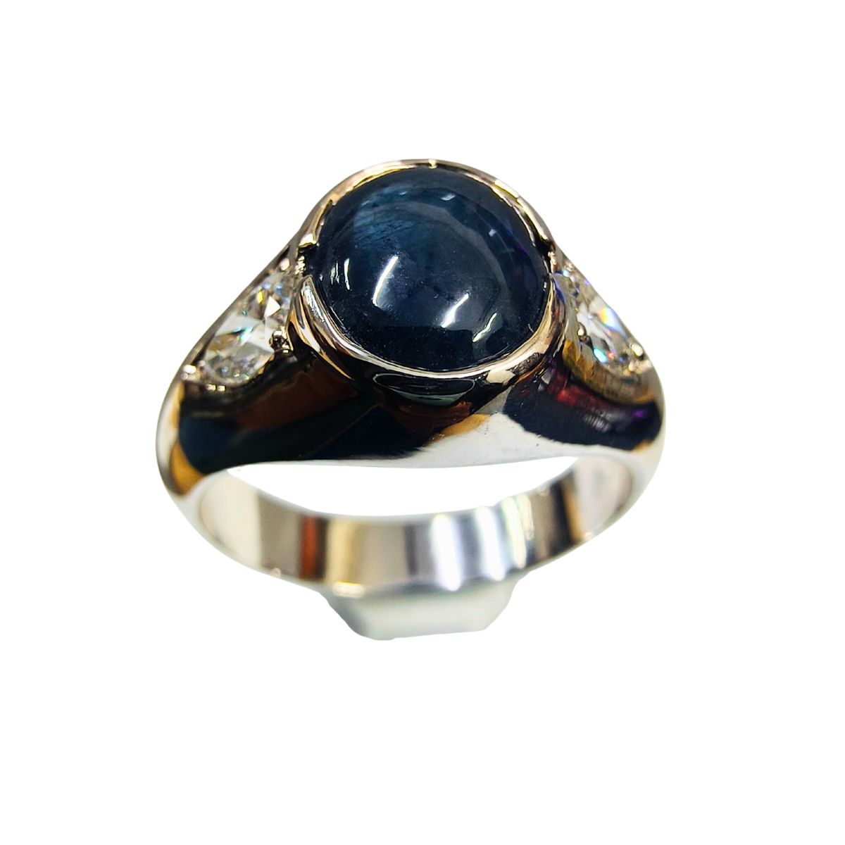 Royal Blue Sapphire Cabochon & Pear Lab Diamond Statement Ring