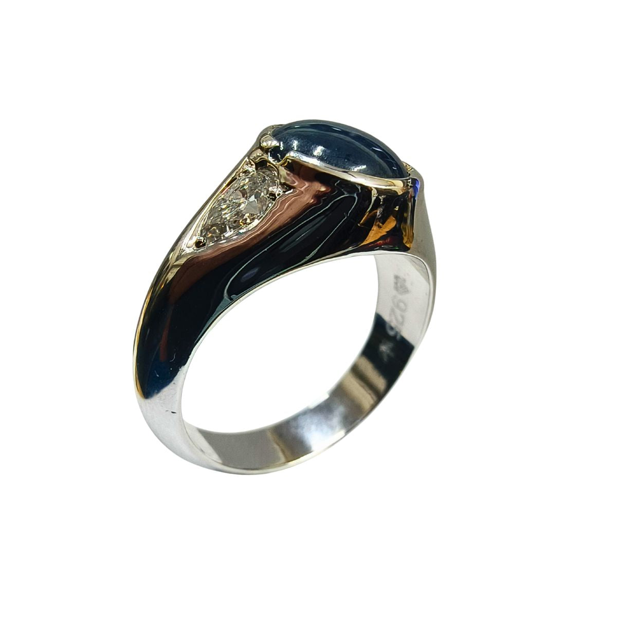 Royal Blue Sapphire Cabochon & Pear Lab Diamond Statement Ring