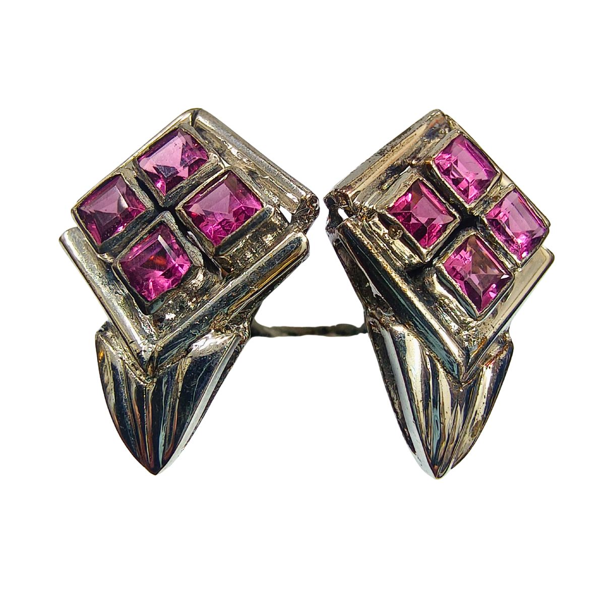 Geometric Garnet Square Eartops in Silver