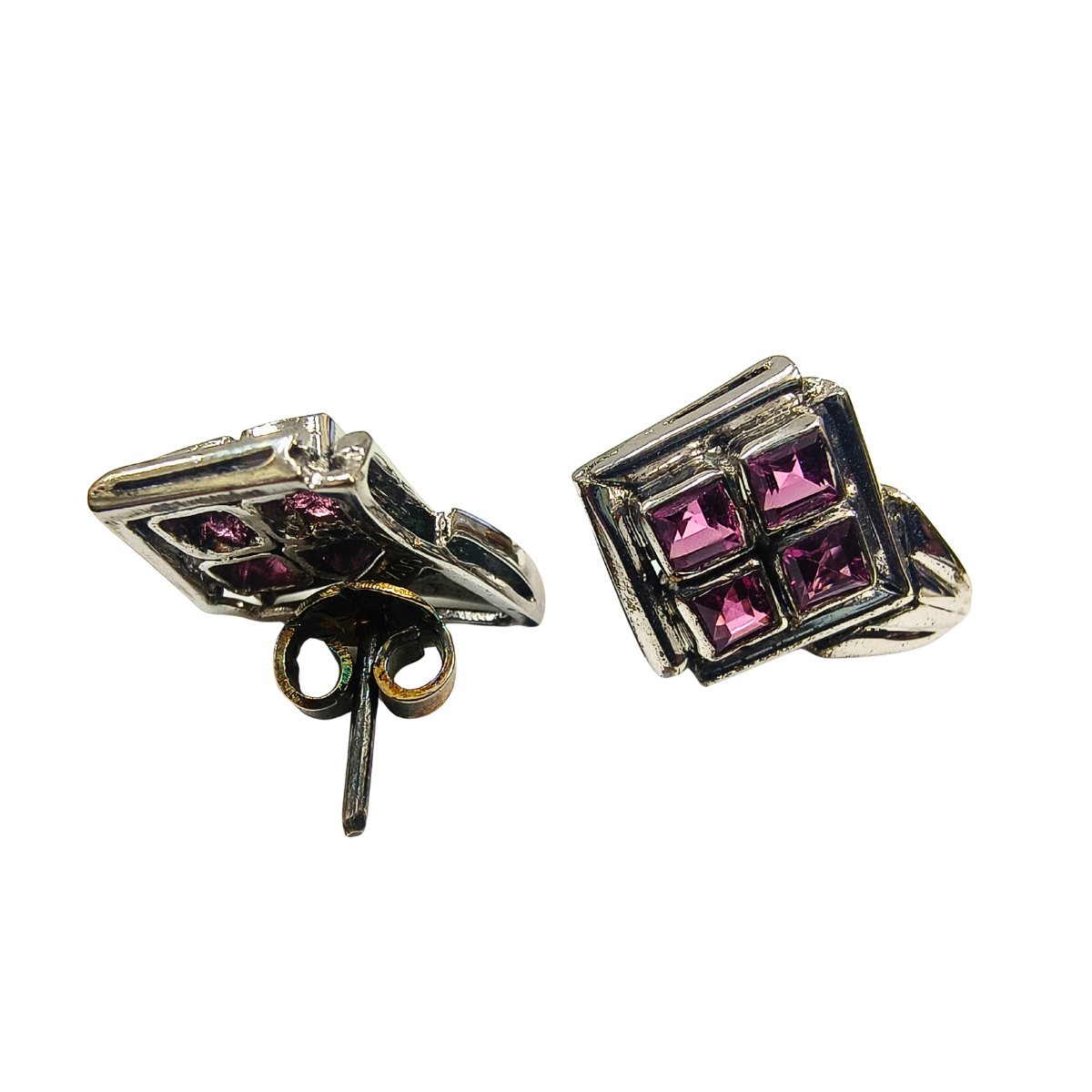 Geometric Garnet Square Eartops in Silver