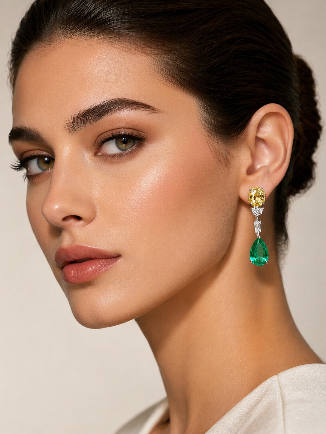 Exquisite earrings feature vibrant emerald drops, crowned with yellow sapphire and accented with lab-grown diamonds — a perfect harmony of color and sparkle.
