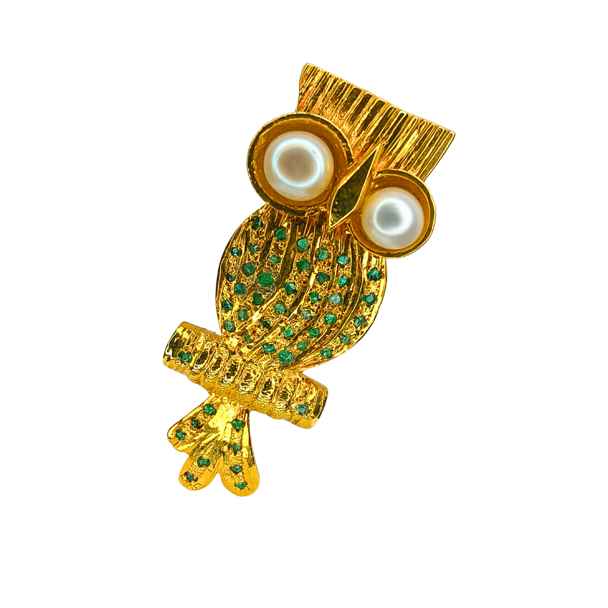 Regal Owl Brooch with Emerald & Pearl Accents in 18K Gold-Plated Silver