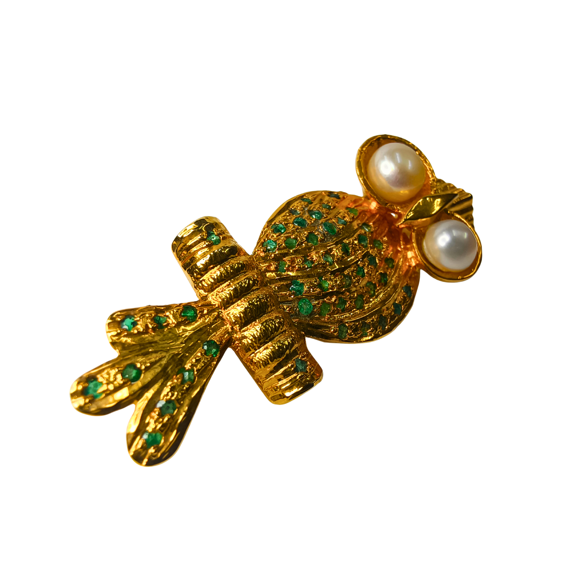 Regal Owl Brooch with Emerald & Pearl Accents in 18K Gold-Plated Silver