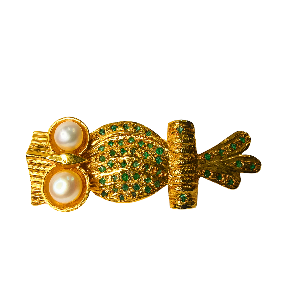 Regal Owl Brooch with Emerald & Pearl Accents in 18K Gold-Plated Silver