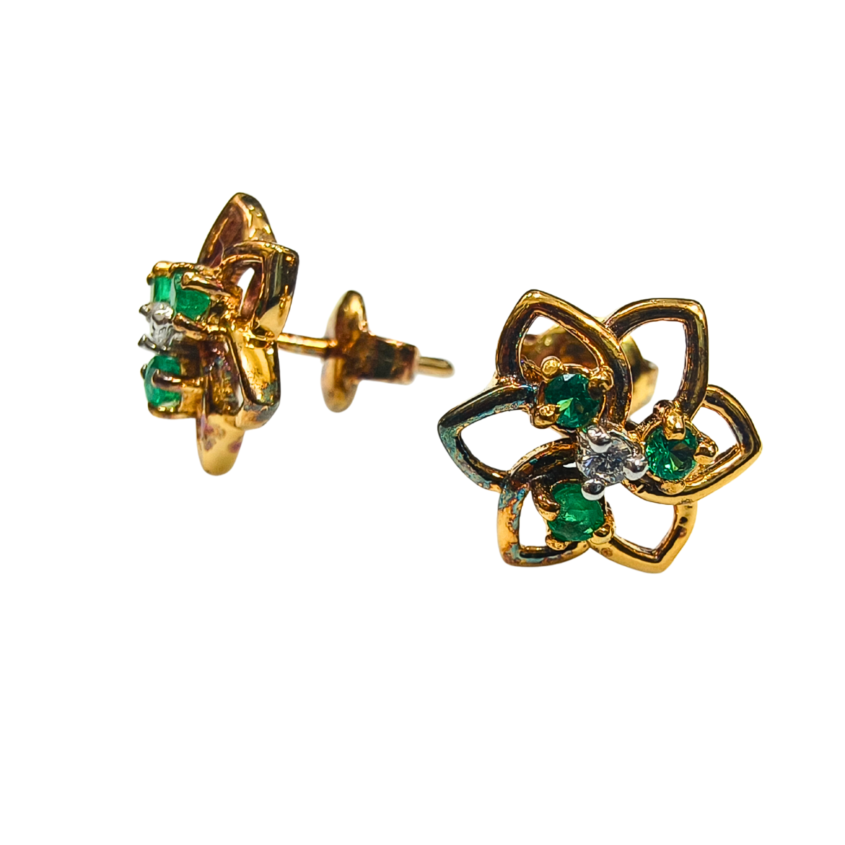 Floral Emerald & Zirconia Stud Earrings in Gold Plating