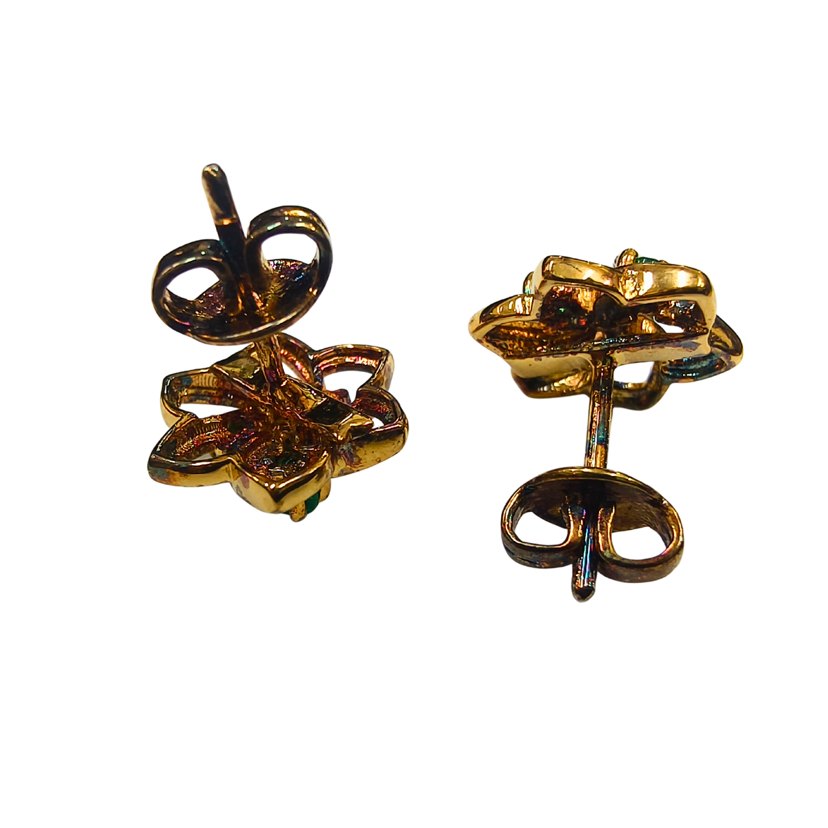 Floral Emerald & Zirconia Stud Earrings in Gold Plating