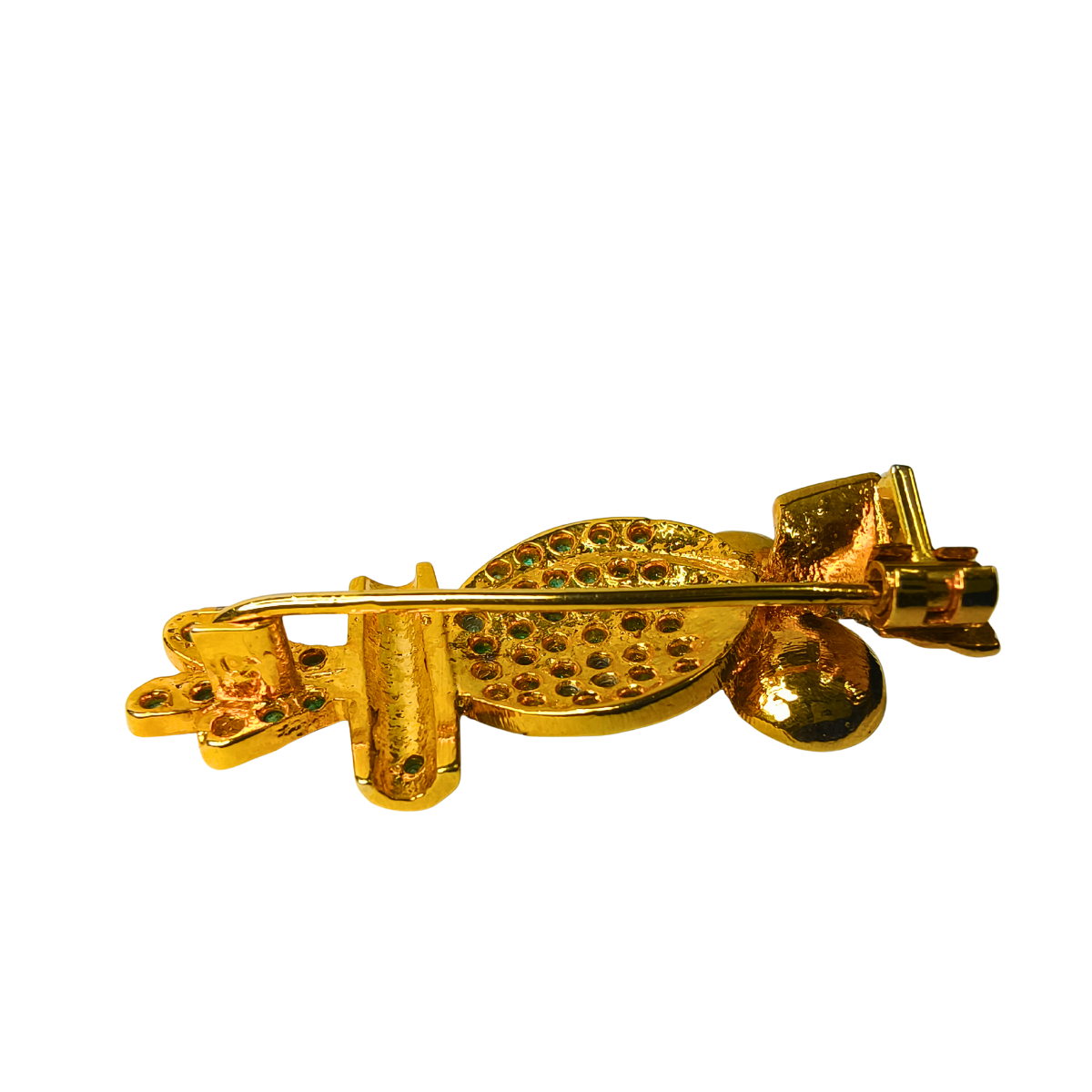 Regal Owl Brooch with Emerald & Pearl Accents in 18K Gold-Plated Silver