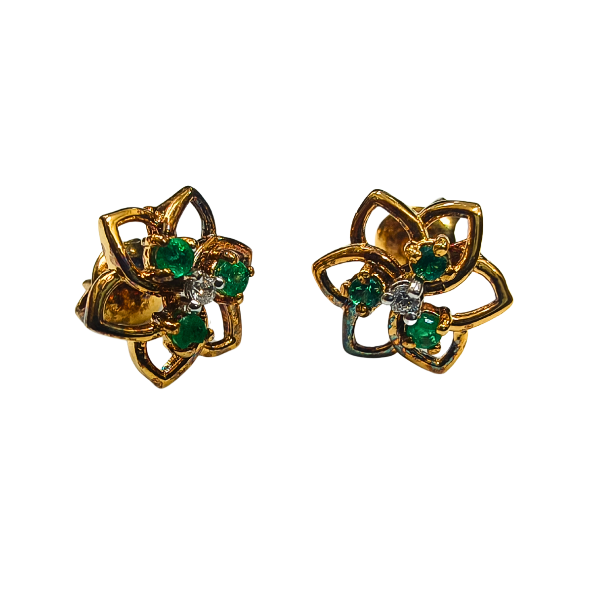 Floral Emerald & Zirconia Stud Earrings in Gold Plating