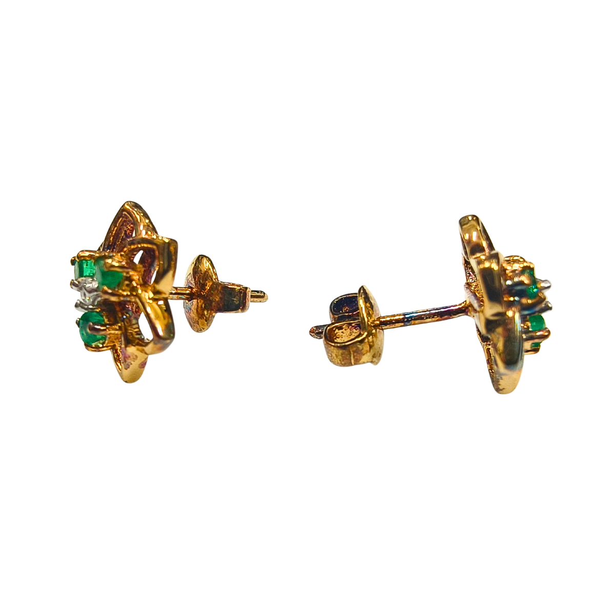 Floral Emerald & Zirconia Stud Earrings in Gold Plating