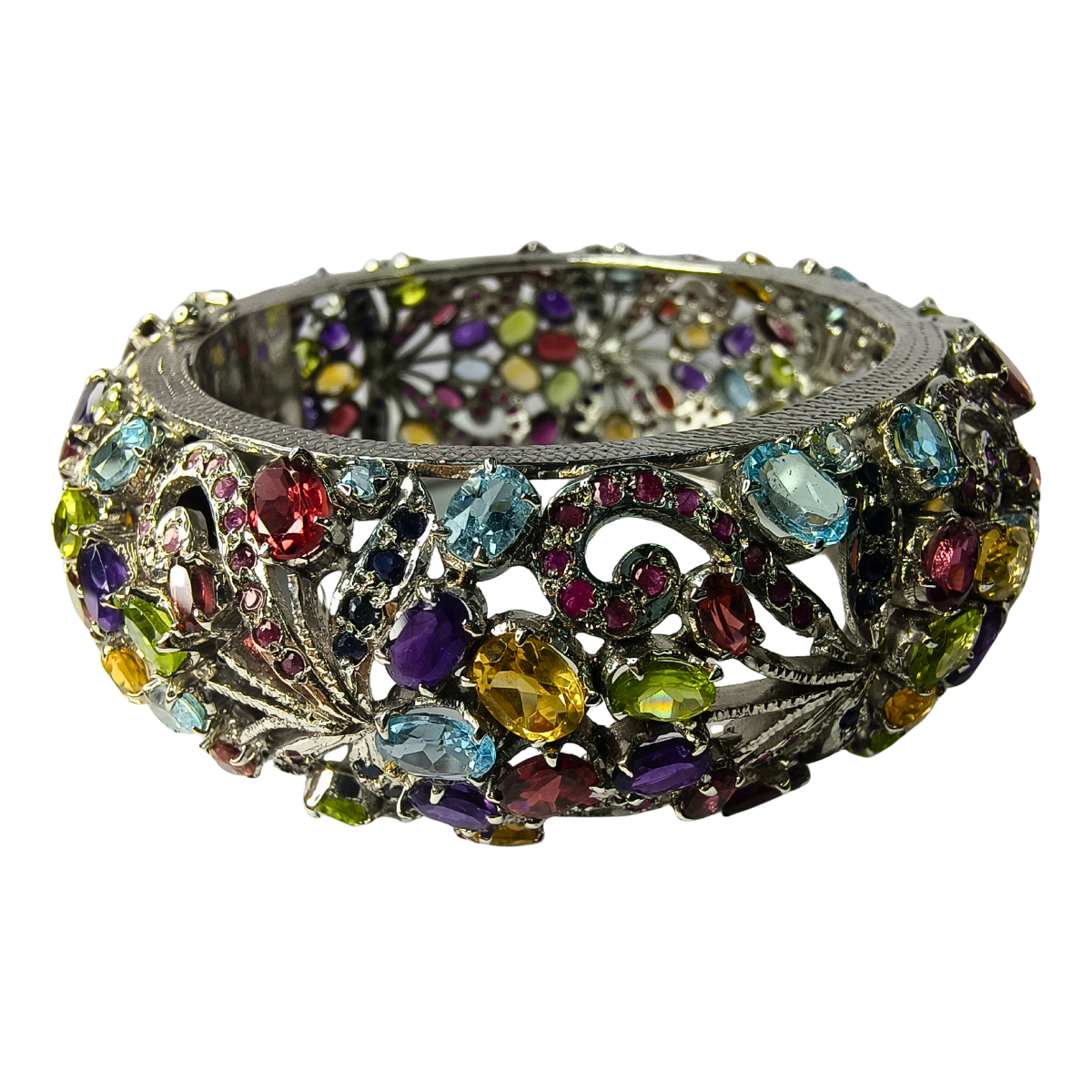 Intricate Multi-Gem Statement Silver Bangle