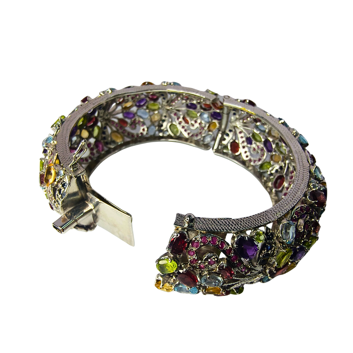 Intricate Multi-Gem Statement Silver Bangle
