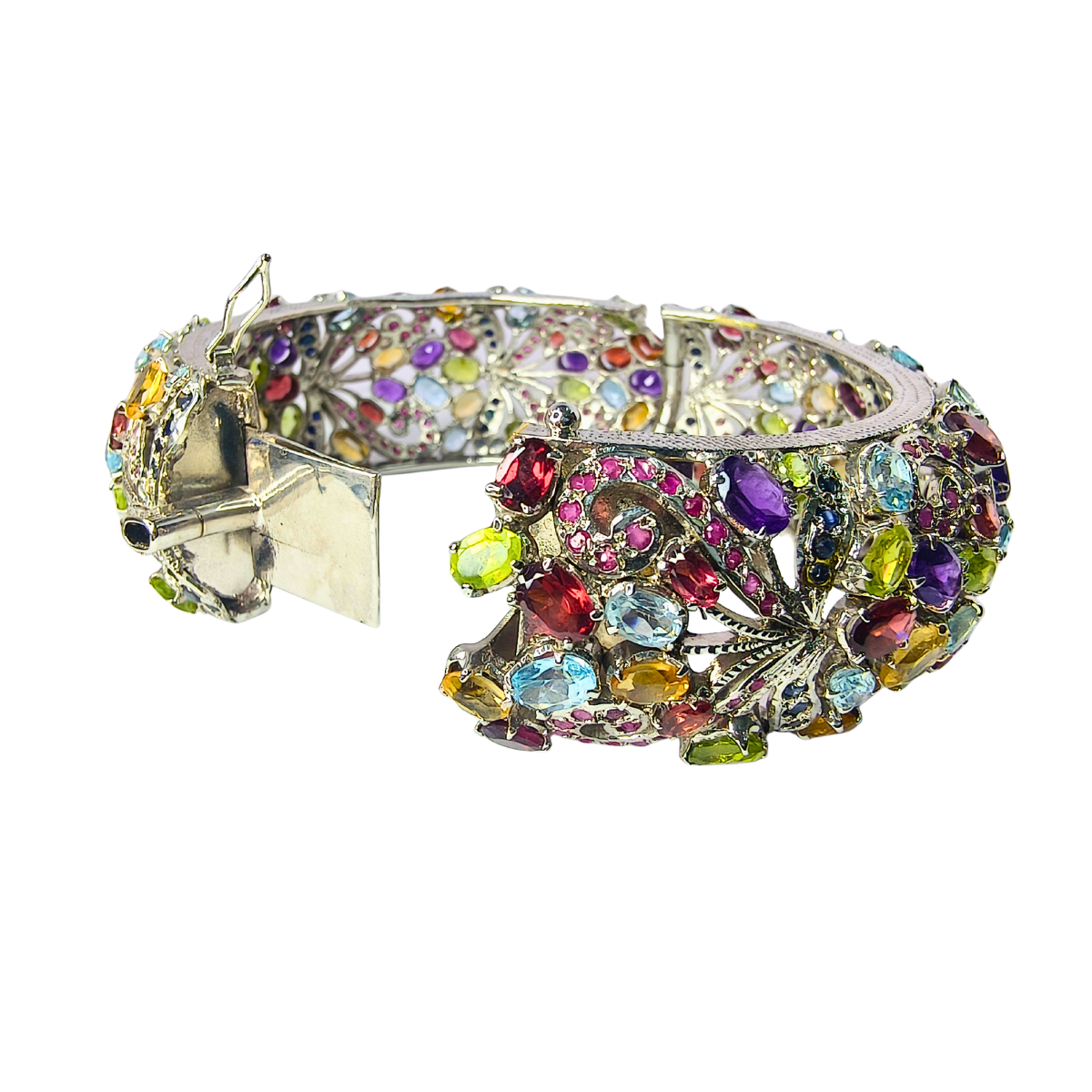 Intricate Multi-Gem Statement Silver Bangle