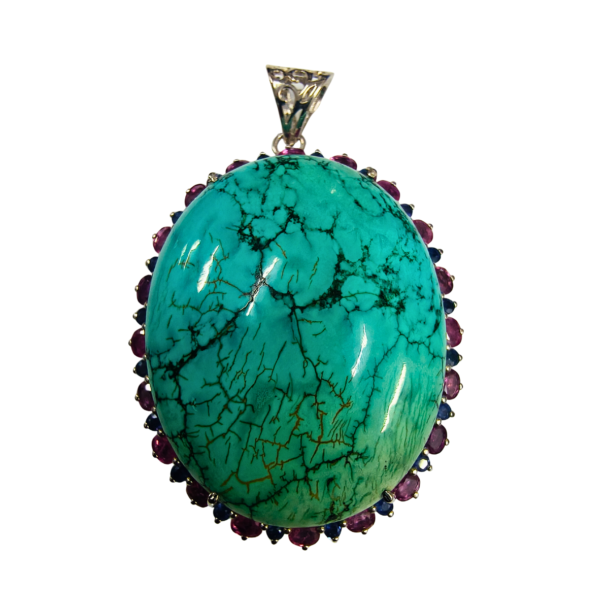 Regal Turquoise Centerpiece Pendant with Rubies & Sapphires