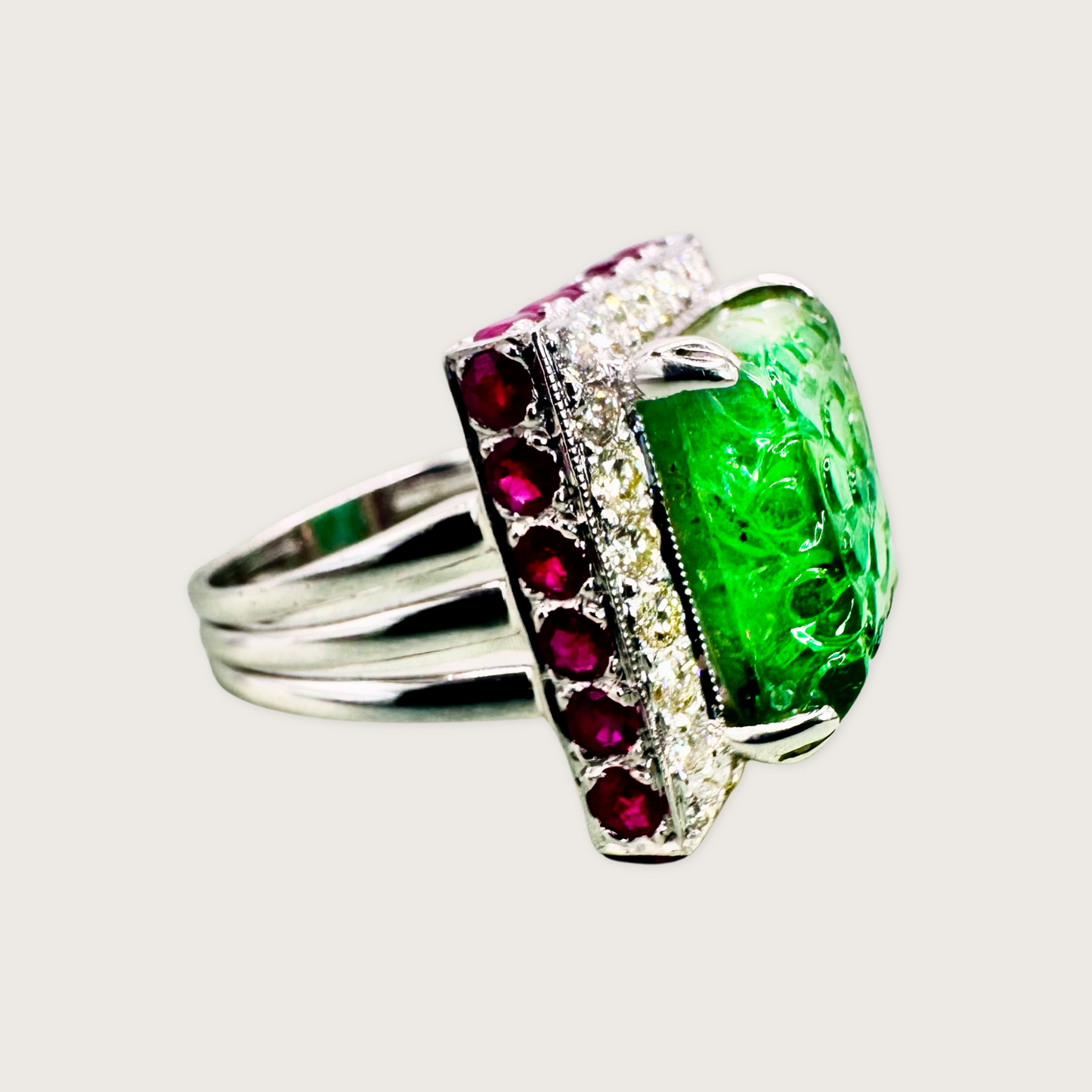 Imperial Garden – Carved Emerald & Ruby Diamond Ring in 18K White Gold