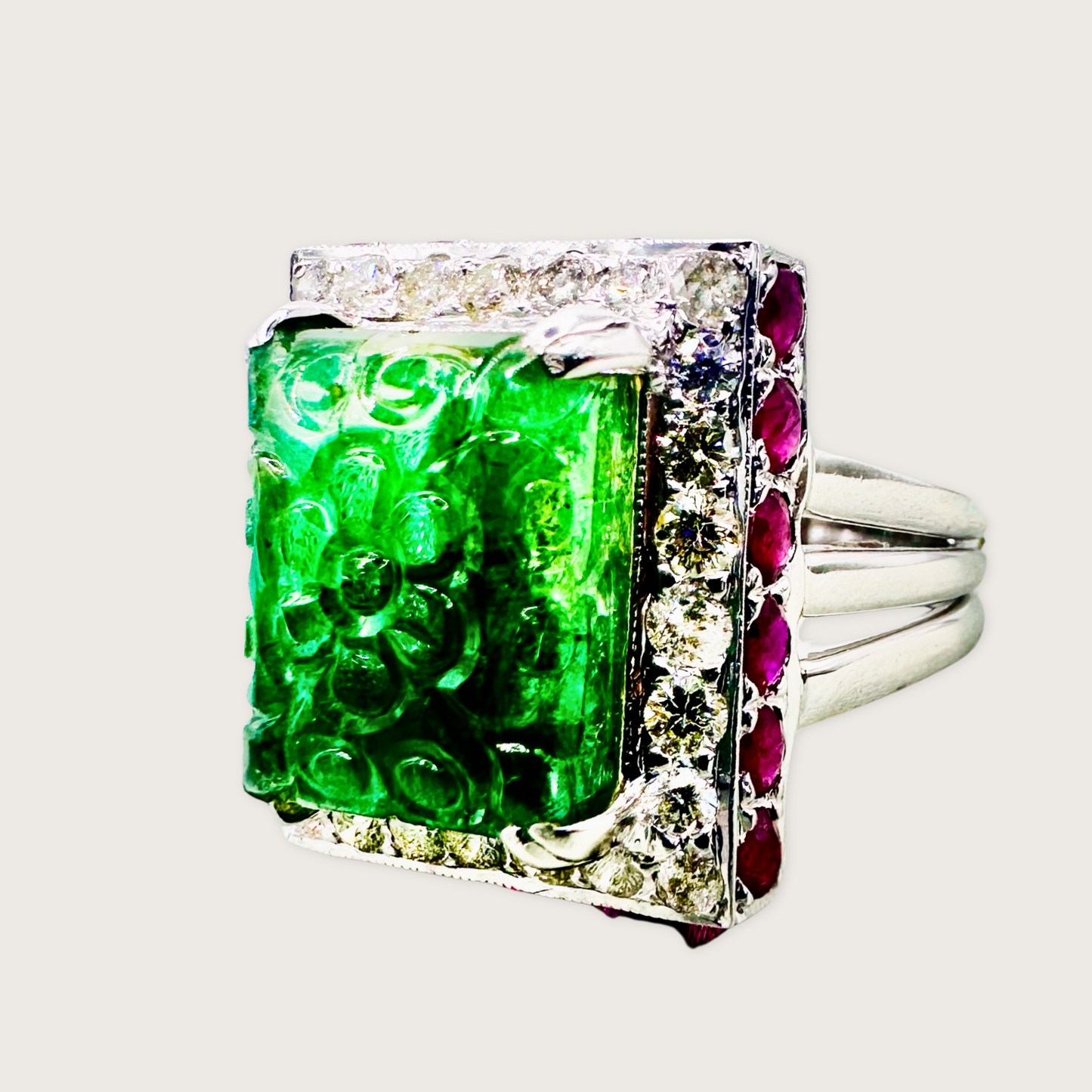 Imperial Garden – Carved Emerald & Ruby Diamond Ring in 18K White Gold