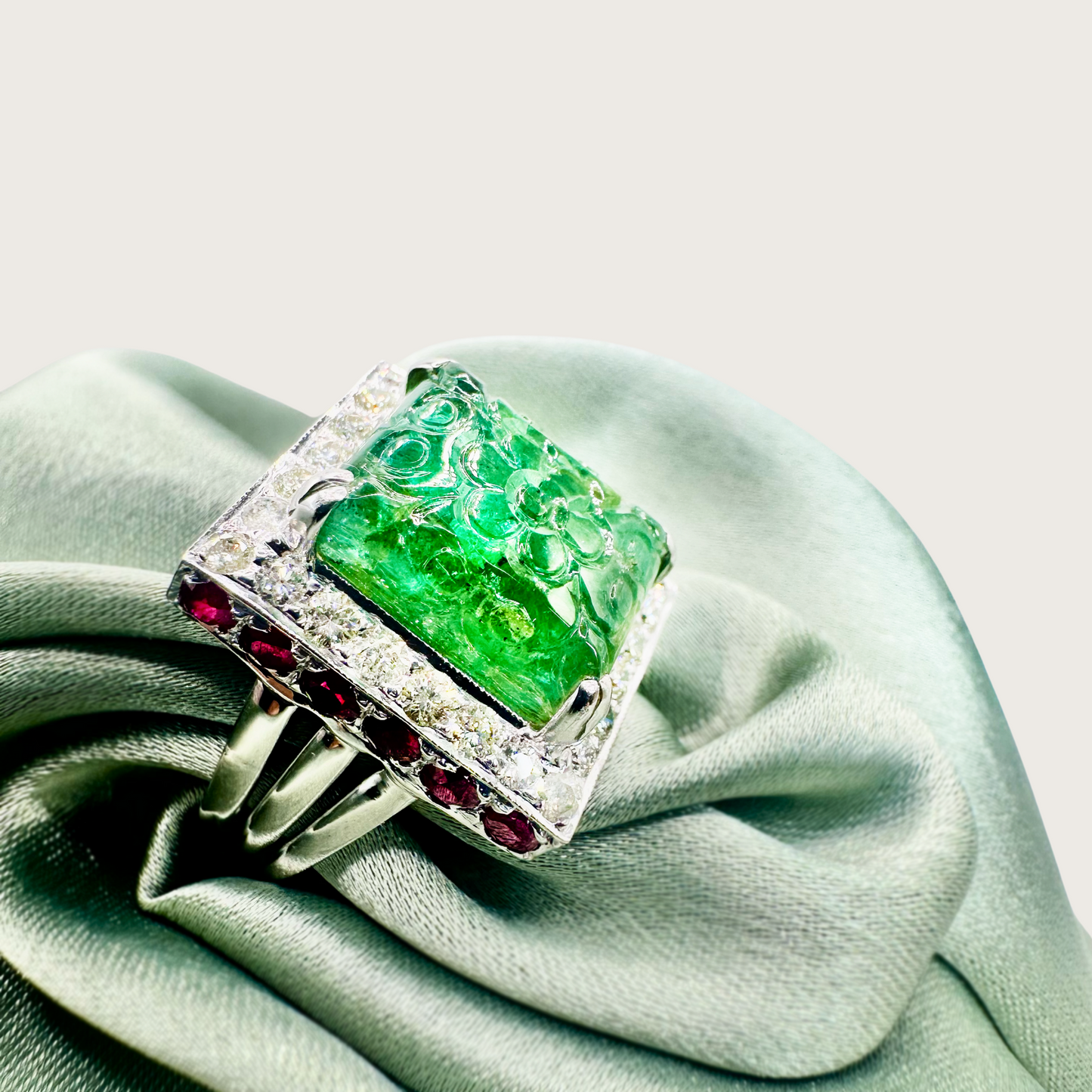 Imperial Garden – Carved Emerald & Ruby Diamond Ring in 18K White Gold
