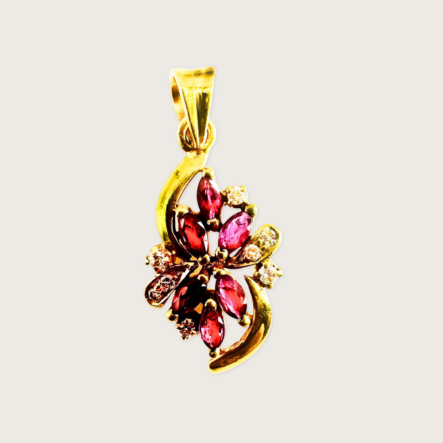 Ruby Bloom – 18K Gold Marquise Ruby & Diamond Pendant