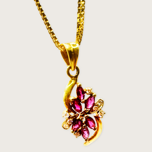 Ruby Bloom – 18K Gold Marquise Ruby & Diamond Pendant