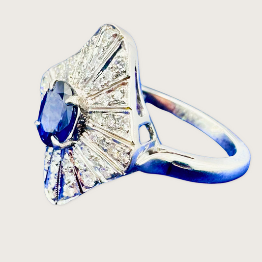 Modern Empress Blue Sapphire and Diamond Ring in White Gold