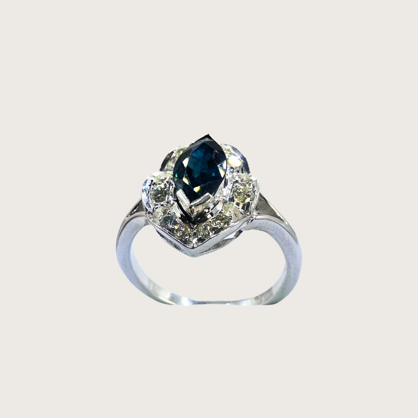 SGR-125 Sapphire and Diamond Ring in 14K White Gold (1 Marquise Sapphire, 16 Round Diamonds)