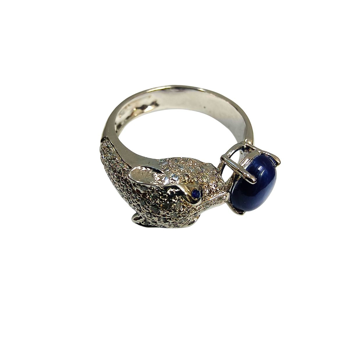 Tiger Face Designer Silver Ring with Lundi Blue Star Lab Diamonds