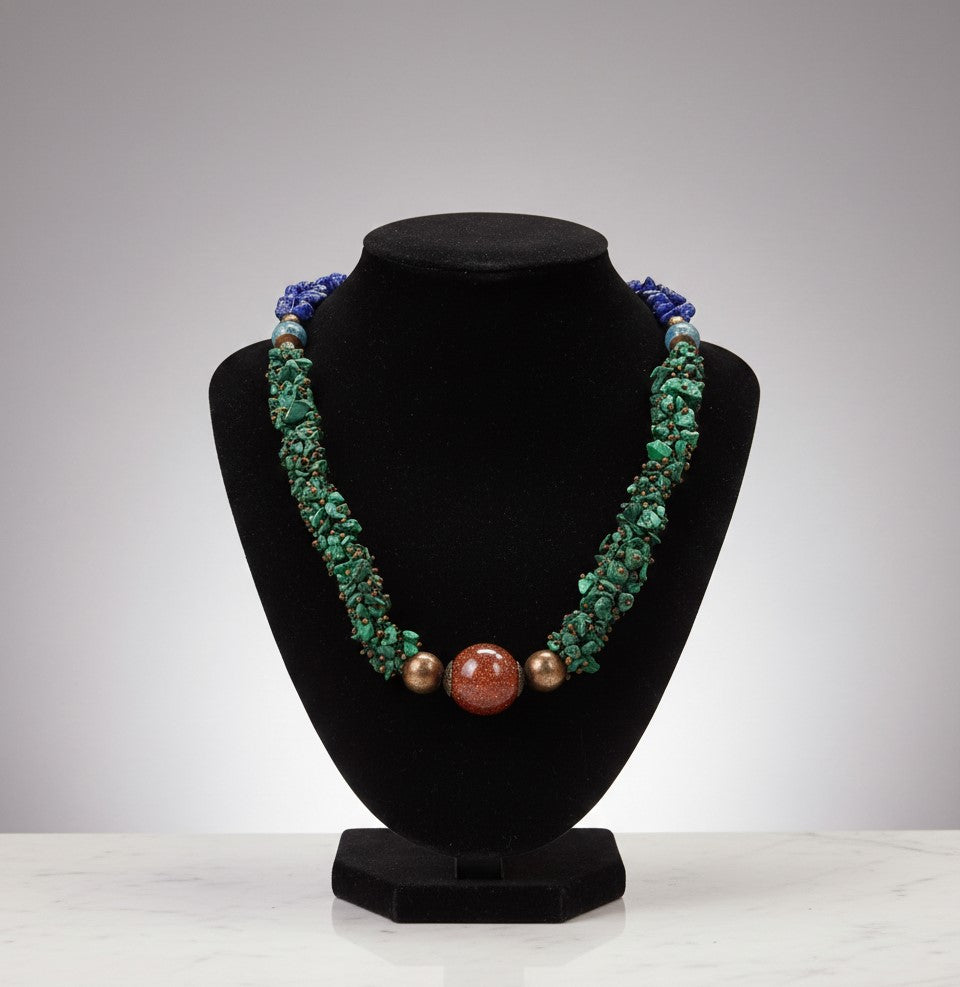 Regal Lapis Lazuli, Malacite & Gold Stone Bead Necklace