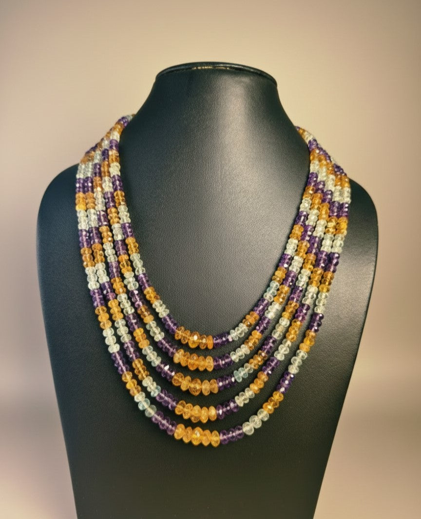 Regal Five-Row Faceted Necklace in Topaz, Amethyst & Aquamarine