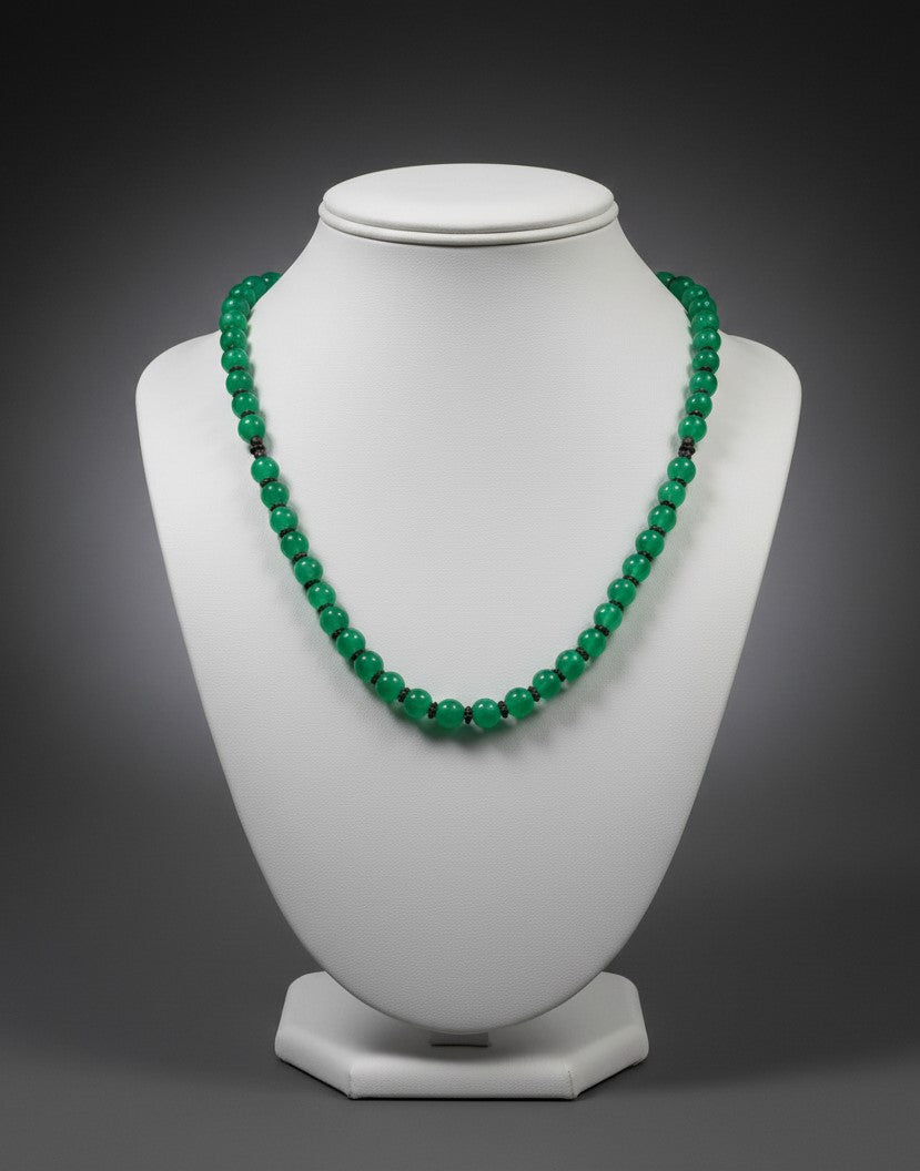 Emerald Glow Green Onyx with Silver Beads Necklace