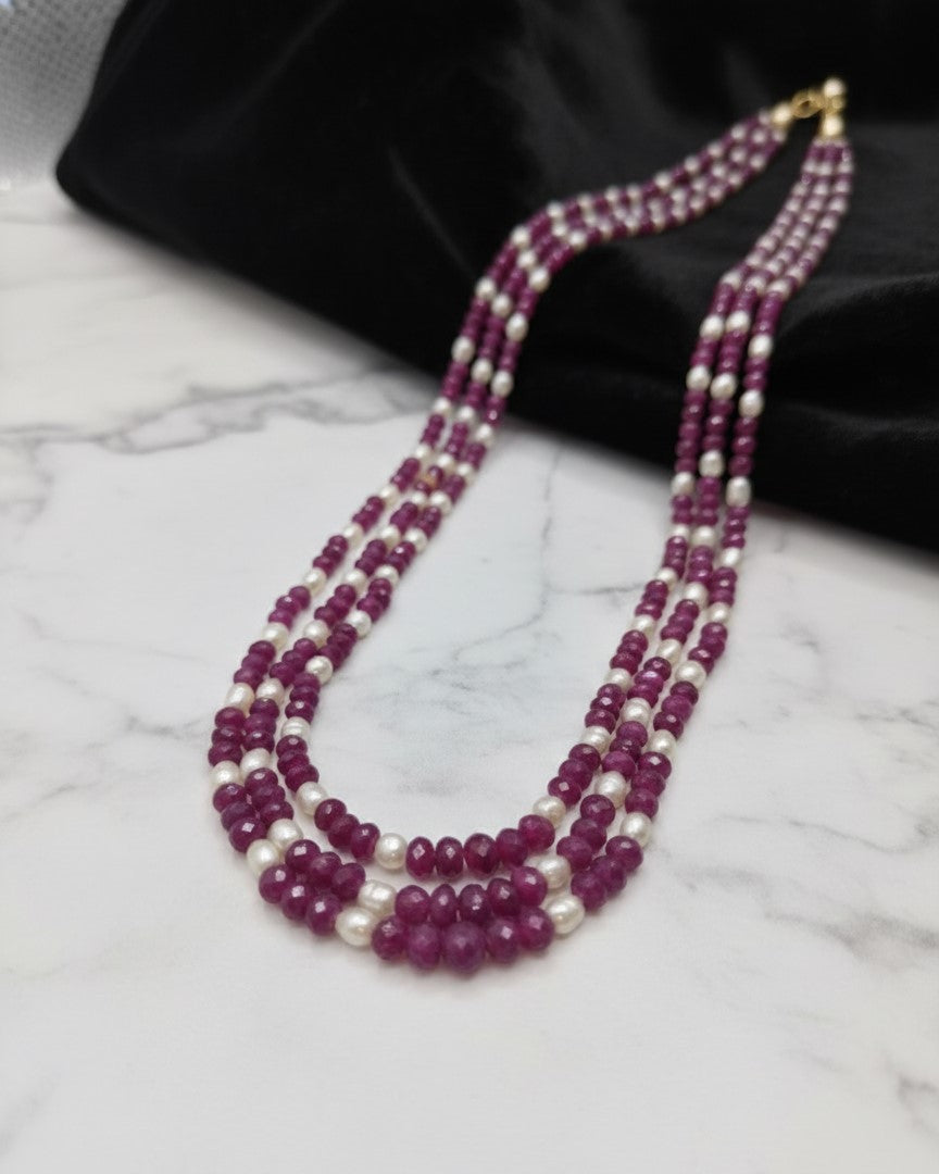Royal Glow Three-Strand Pearl & Ruby Necklace