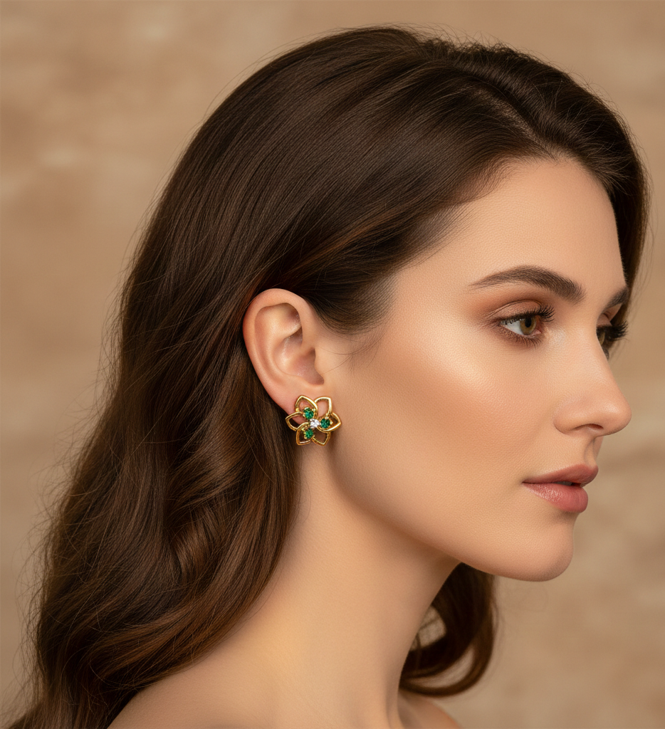 Floral Emerald & Zirconia Stud Earrings in Gold Plating