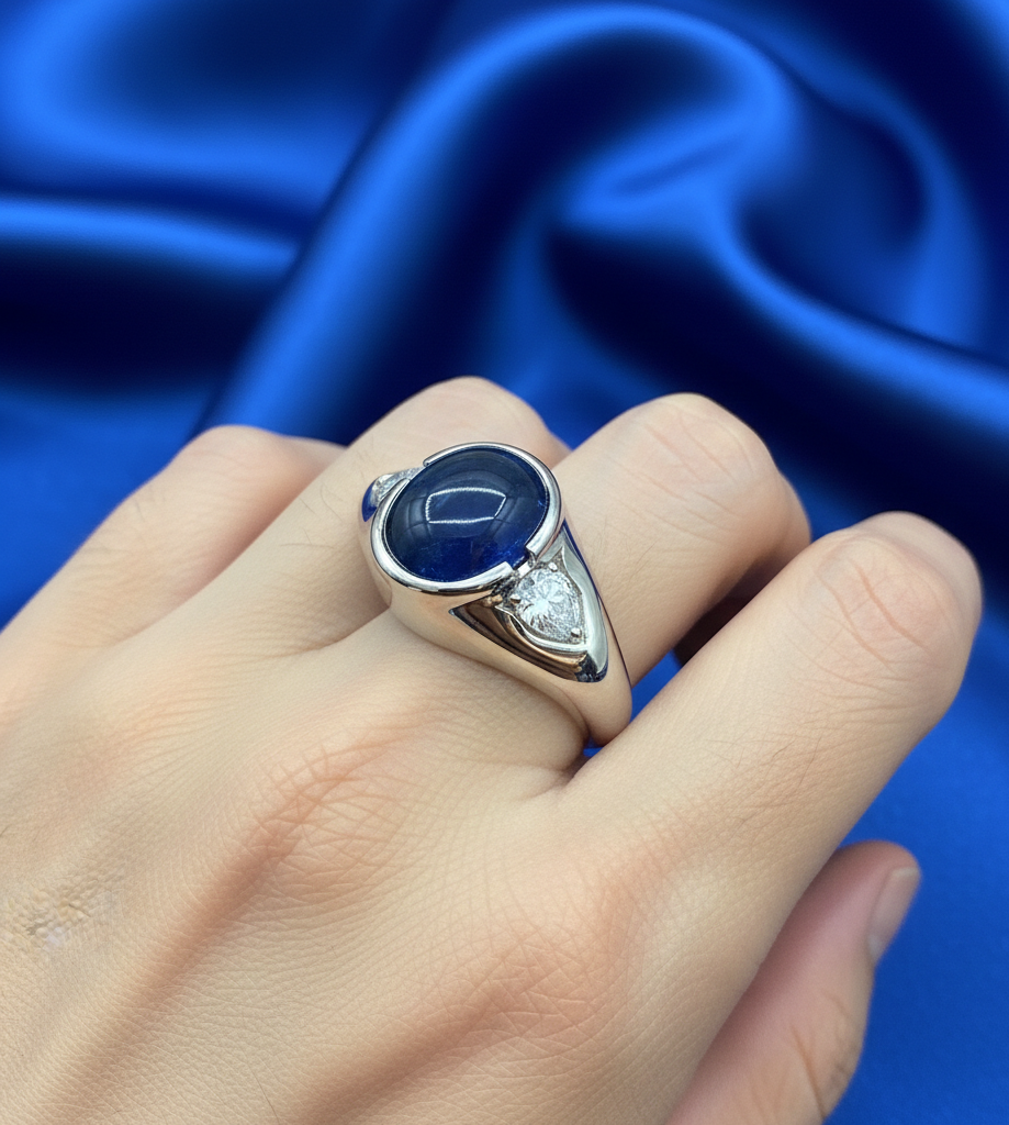 Royal Blue Sapphire Cabochon & Pear Lab Diamond Statement Ring