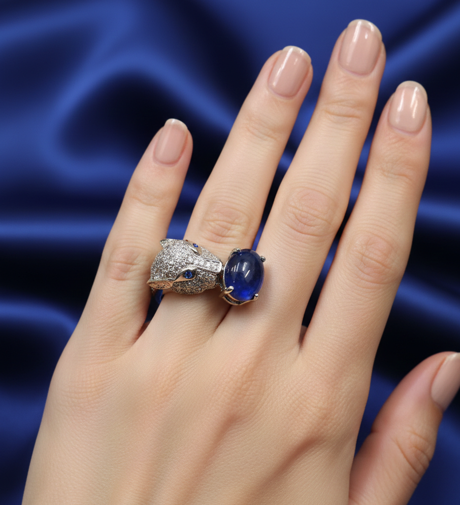 Tiger Face Designer Silver Ring with Lundi Blue Star Lab Diamonds