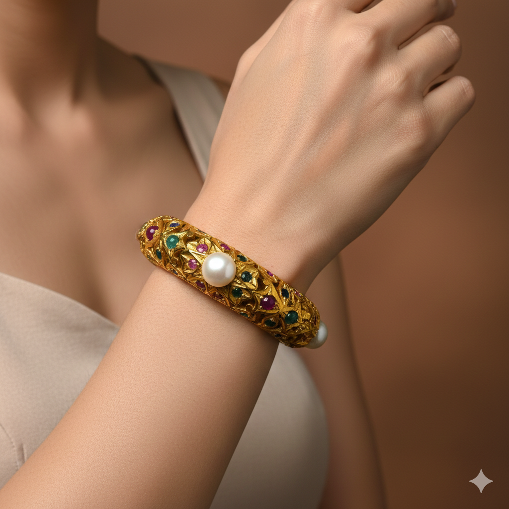 Heritage Sadhikari Pearl Bangles in Gold-Plated Silver