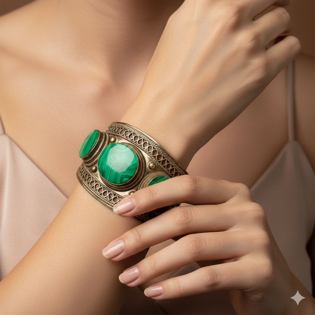 Heritage Malachite Bangles in Oxidised Silver